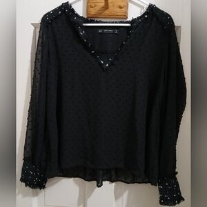 Zara- Black Swiss-Dot V-Neck Chiffon Blouse, Sheer Sleeves W/ Tweed Trim,M, NWOT
